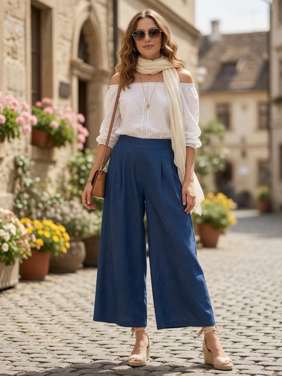 Pants - NWT Sz XS Brand Soft Chambray Denim Palazzo Pant Pleated Front Elastic Waist